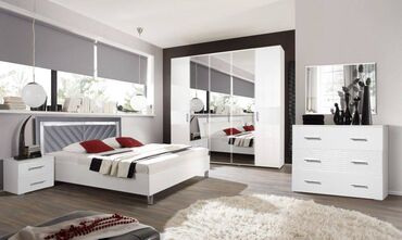 матрас 1 5: Спальный гарнитур, Двуспальная кровать, Шкаф, Комод, цвет - Белый, В рассрочку