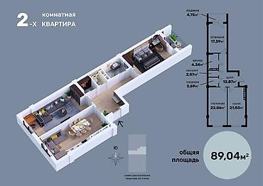 1 комнатка: 2 комнаты, 89 м², Ботанический сад Элитка, 5 этаж, ПСО (под самоотделку) — 2