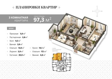 продаю 1 комнатную квартиру филармония: 3 комнаты, 97 м², 4 этаж, ПСО (под самоотделку)