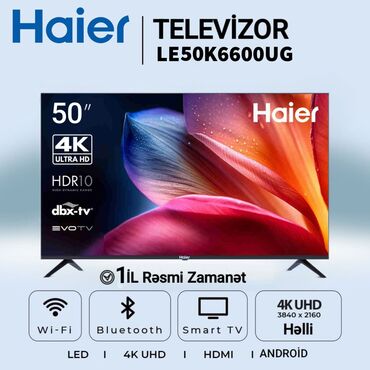 redmi note 1: Yeni Televizor Haier Led 50" 4K (3840x2160), Pulsuz çatdırılma, Rayonlara çatdırılma