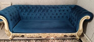 честер мебель: Прямой диван, цвет - Синий, Б/у