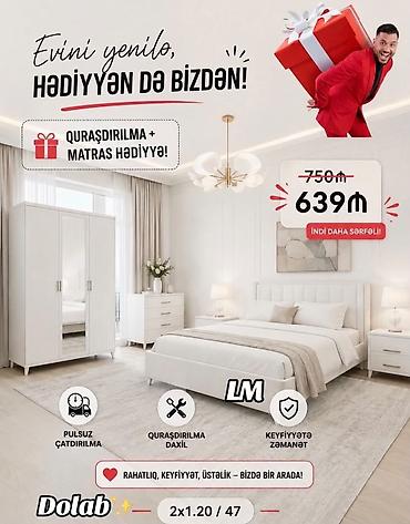 yataq mebeli kreditle: Ağ rəngdə yataq otağı mebel dəsti – dolab, çarpayı və tumbalarla — 1