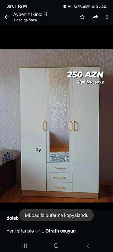 mebel skaf: *dolab* Yeni sifarişlə ✔️ Ölçü 120×47×2, rəng seçimi var 😍 Qiymət — 1