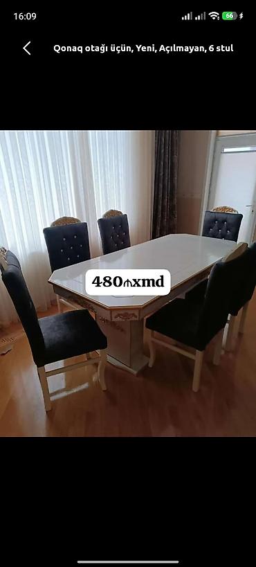 metbext stolu: Qonaq otağı üçün, Yeni, Açılmayan, Dördbucaq masa, 6 stul — 1