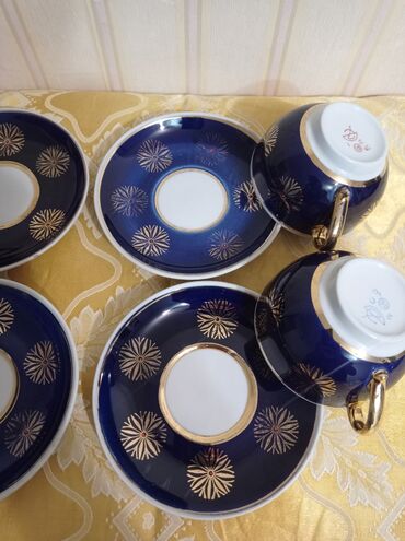 Наборы посуды: Фарфор, крытье, роспись золотом, ручная работа, глубокий кобальт — 10