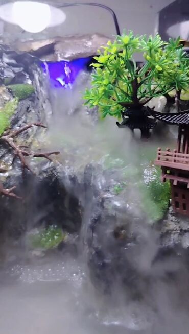 Akvarium aksessuar və ləvazimatları: Akvarium daxili dekor duman və şəlalə sistemi quraşdırılıb . Evlər