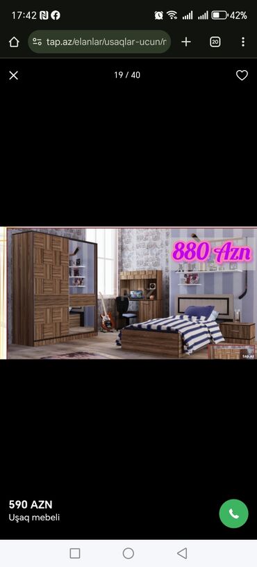 Uşaq və gənc otağı üçün dəstlər: Oğlan və qız üçün, Təknəfərlik çarpayı, Yazı masası — 15