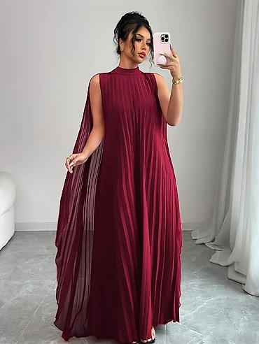 Şəxsi əşyalar: Bordo rəngli, plissé detallı maxi ziyafət donu - Model: qolsuz — 3