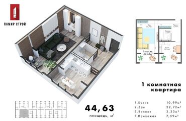 Продажа квартир: 1 комната, 44 м², Элитка, 1 этаж, ПСО (под самоотделку)