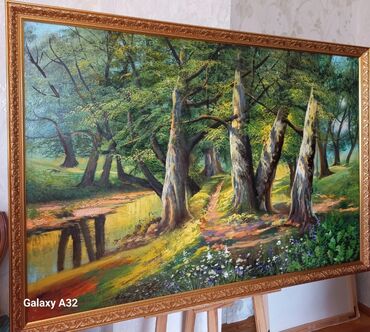 Şəkillər, tablolar: Meşə fonunda çay kənarında yerləşən kənd evinin təsvir olunduğu rəsm — 22