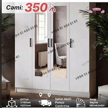 Dolablar: Yeni, 4 qapılı, Güzgülü, Ağ, Açılan, Düz dolab — 1