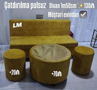 divan stolu: Sarı süet effektli salon dəsti: - Divan: 1 m 50 sm ölçüdə, sadə xəttli — 1