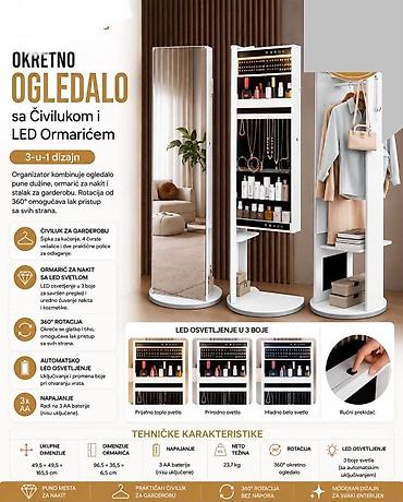 spric 200ml: OKRETNO OGLEDALO SA ČIVILUKOM I LED ORMARIĆEM – BELO Moderan 3‑u‑1 — 1
