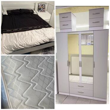 шкафы угловые: Спальный гарнитур, Двуспальная кровать, Шкаф, Тумба, цвет - Белый, Б/у