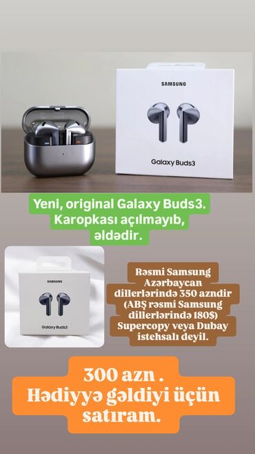 galaxy buds 3 pro qiymeti: Yeni, original Galaxy Buds3 Karopkası açılmayıb, əldədir. Rəsmi