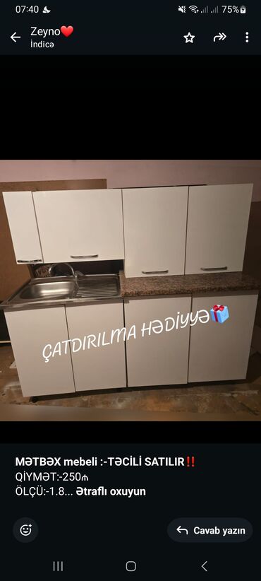 Mətbəx mebeli: *MƏTBƏX mebeli :-TƏCİLİ SATILIR*‼️ QİYMƏT:-250₼ ÖLÇÜ:-1.8 ÜZƏRİNDƏ