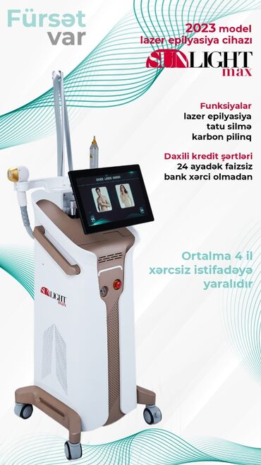 Lazer aparatları: Epilyasiya üçün, Tatto silmə, Karbon pilinq, Aleksandrit, Təlim keçirilir