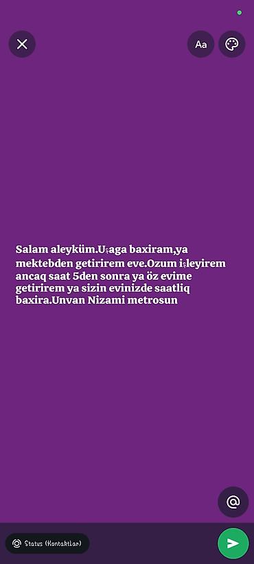 dayəlik: Uşaq baxımı və məktəbdən evə gətirmə xidməti - İşdən sonra saat — 1