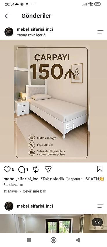 tek neferlik taxt: Tək nəfərlik çarpayı – 150 AZN - Ölçü: 200 x 90 sm - Dizayn: Ağ — 1