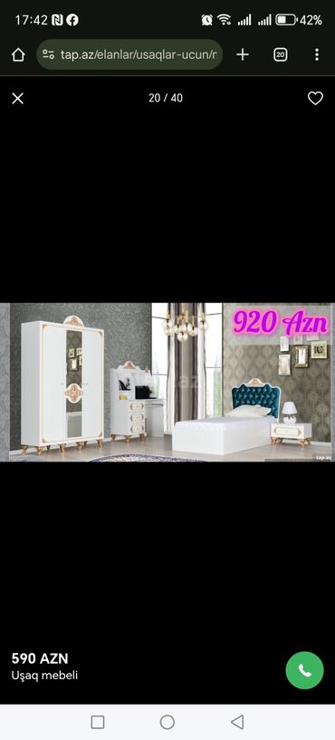 Uşaq və gənc otağı üçün dəstlər: Oğlan və qız üçün, Təknəfərlik çarpayı, Yazı masası — 12