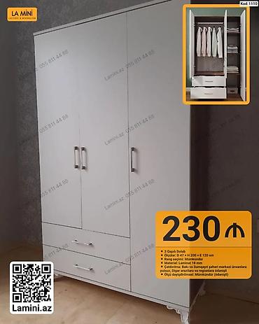 Dolablar: 3 qapılı dolab. Ölçüləri: 47 x 200 x 120 sm. Rəng seçimi mümkündür — 1
