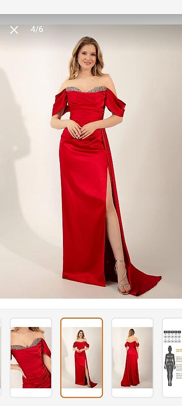 step platforma: Məhsul: Qırmızı axşam geyimi – daşlı dekolte, off-shoulder və dərin — 2