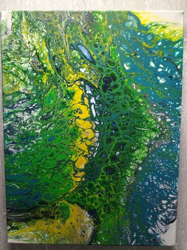 Şəkillər, tablolar: Yaşıl, sarı və mavi çalarların axıcı şəkildə qarışdığı, müxtəlif — 4