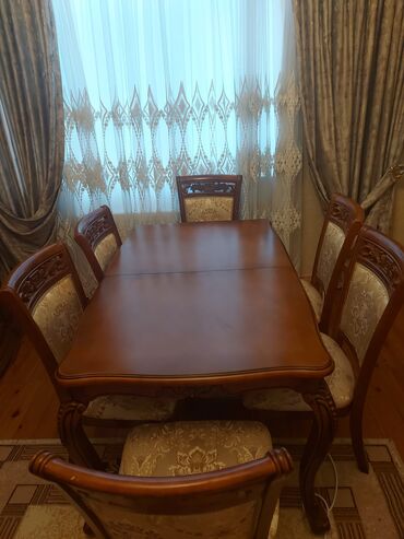 stol taxta: Для гостиной, Б/у, Раскладной, Прямоугольный стол, 6 стульев