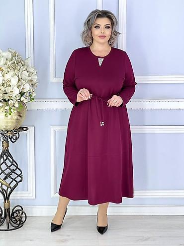 бордовый платье: Повседневное платье, Made in KG, Осень-весна, Трикотаж, Трапеция, XL, 2XL, 3XL — 5