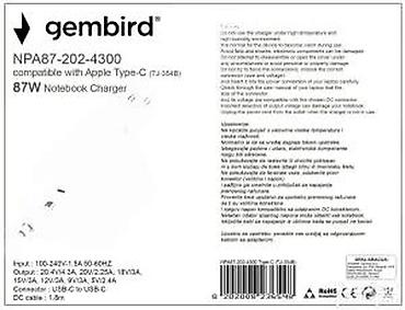 Adapteri i punjači za laptop: Gembird NPA87-202-4300 – USB‑C punjač za laptop, 87 W - Tip — 14