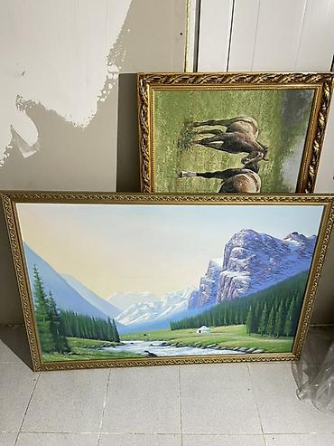 картины маслом на холсте: Картины в рамах - Размер 90 х 130 см 1) Пейзаж с горами и рекой - — 1