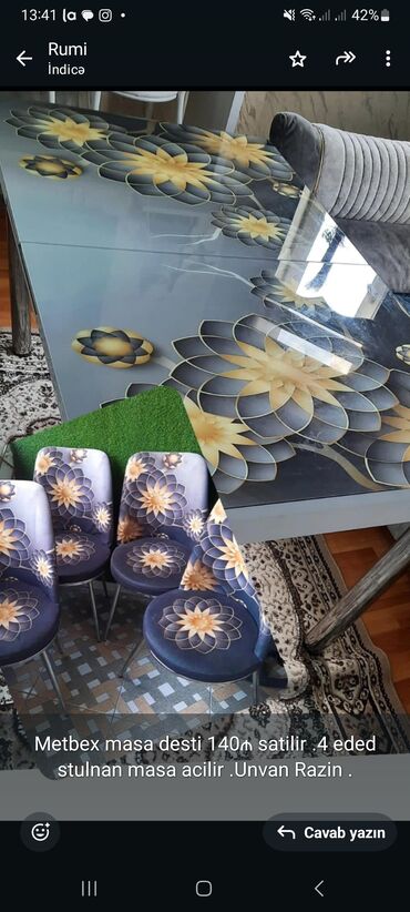 quxna ustolu: Metbex masa desti 140₼ satilir .4 eded stulnan masa acilir .Unvan
