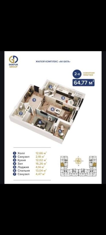 продаю 2 х квартиру: 2-комнатная квартира в ЖК «Ак-Бата» — 64,77 м² Планировка: - Холл —
