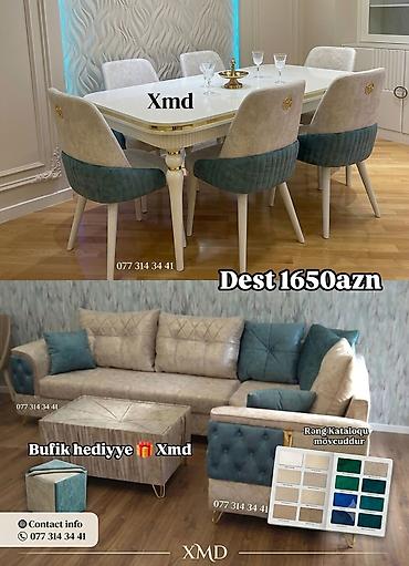 qədimi oturacaqlar: XMD mebel dəsti - Yemək masası və 6 ədəd rahat oturacaqlı taxta stul — 1