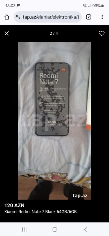 xiomi telefonlar: Xiaomi Redmi Note 7, 64 GB, rəng - Qara, 
 Barmaq izi, İki sim kartlı, Face ID