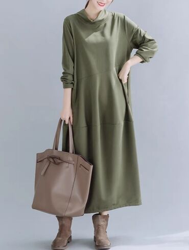 платье зеленое: Повседневное платье, Осень-весна, Длинная модель, Хлопок, Бохо, 2XL (EU 44)