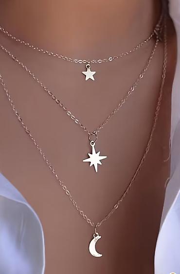 lancici srebrni: Višeslojna ogrlica – Moon & Stars motiv - Dizajn: tri tanke — 1