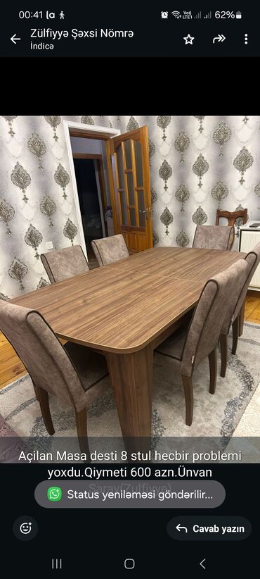 старые стулья: Qonaq otağı üçün, İşlənmiş, Açılan, Dördbucaq masa, 8 stul