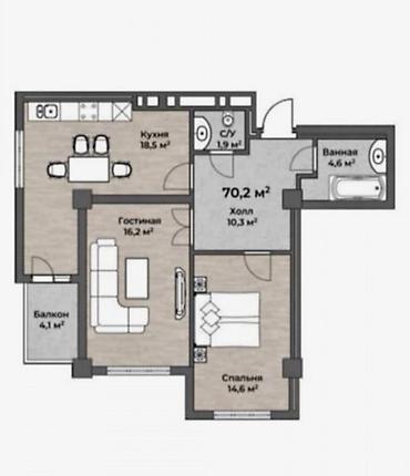 11: 2 комнаты, 70 м², Элитка, 11 этаж, ПСО (под самоотделку) — 2