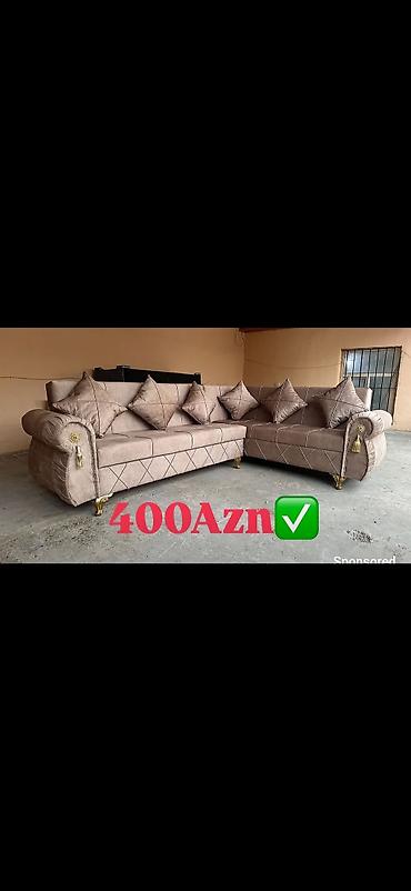 islenmis divan kreslo: 2 ədəd yumşaq mebel dəsti – künc və düz divan - Rəng: bej/qəhvəyi — 1