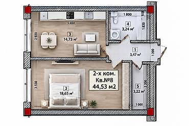 nova grant: 2 комнаты, 45 м², 3 этаж, Евроремонт — 8