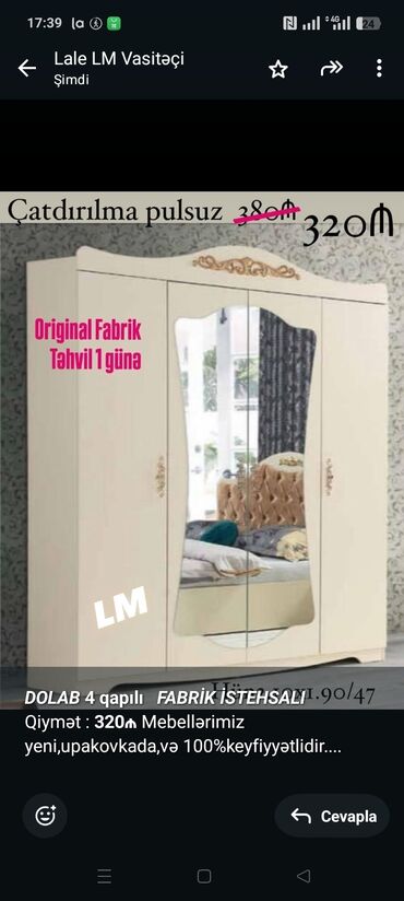 Sifarişlə çarpayılar: *_DOLAB_* *4 qapılı* _*FABRİK İSTEHSALI*_ Qiymət : *320₼*