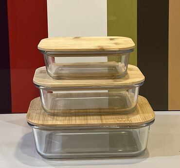 Другие аксессуары для кухни: Сет из стеклянных контейнеров с бамбуковой крышкой. 370мл, 640, 1040