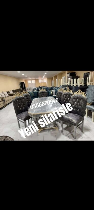 Masa və oturacaq dəstləri: Qonaq otağı üçün, Yeni, Açılmayan, Dördbucaq masa, 6 stul — 4