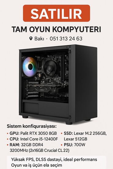 Masaüstü kompüterlər və iş stansiyaları: Palit RTX 3050 8GB qrafik kartı, Intel Core i5-12400F prosessor və