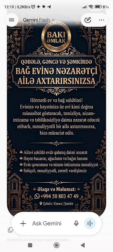 Домашний персонал и уборка: Xidmət: Bağ evi üçün nəzarətçi ailə Təsvir: - Qəbələ, Gəncə və Şəmkir — 1