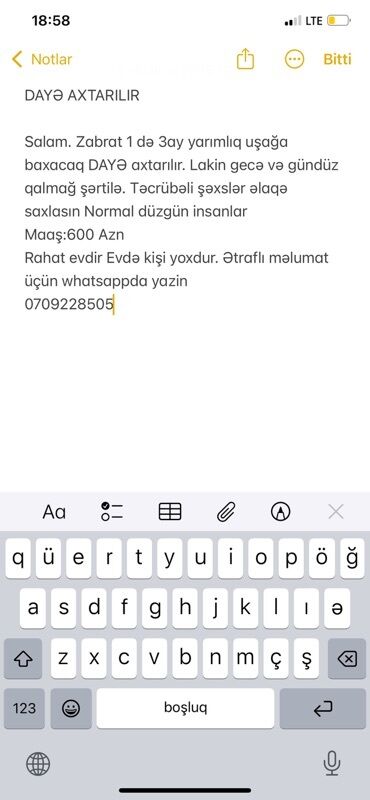Dayələr: Dayə tələb olunur, İstənilən yaş, 6 ildən artıq təcrübə, Gecə növbəsində iş