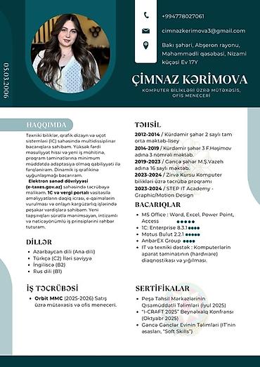 surucu yuk: Xidmət: Kompüter bilikləri üzrə mütəxəssis, ofis menecmenti və satış — 1