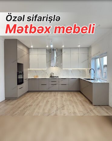 metbex şkafı: Özəl sifarişlə istehsal olunan müasir mətbəx mebeli - L formalı