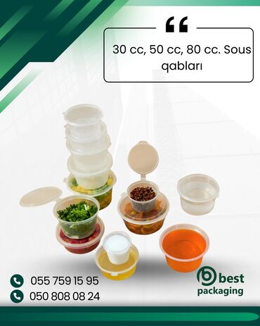 Yemək konteynerləri: Şəffaf plastik sous qabları müxtəlif ölçülərdə mövcuddur: 30 cc, 50 cc